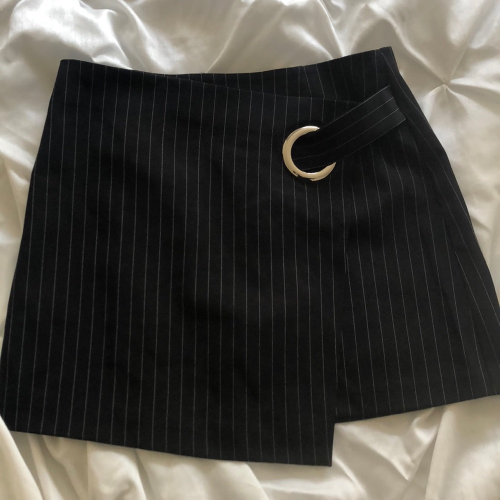 Black/white pin stripe asymmetrical overlap skirt